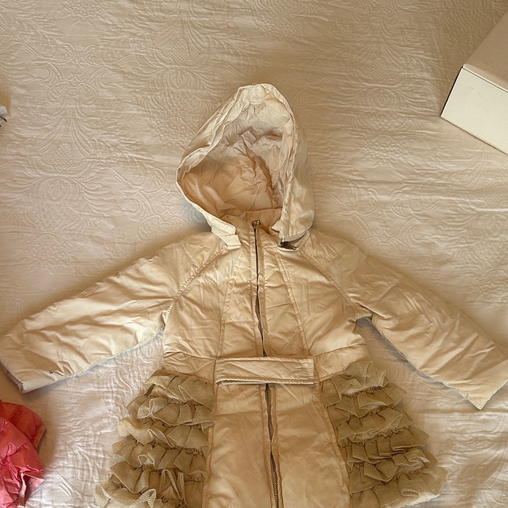 Miss Blumarine Cream Puffer Jacket with Ruffles